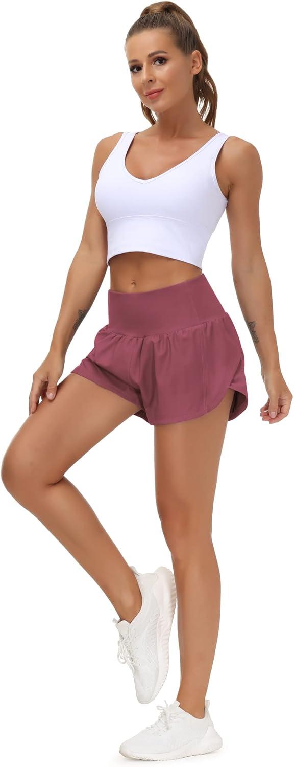 imageTHE GYM PEOPLE Womens High Waisted Running Shorts Quick Dry Athletic Workout Shorts with Mesh Liner Zipper PocketsRose Red