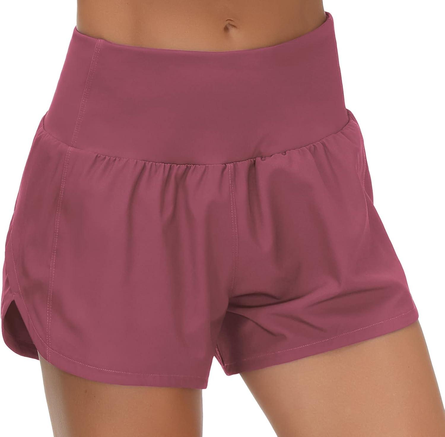 imageTHE GYM PEOPLE Womens High Waisted Running Shorts Quick Dry Athletic Workout Shorts with Mesh Liner Zipper PocketsRose Red