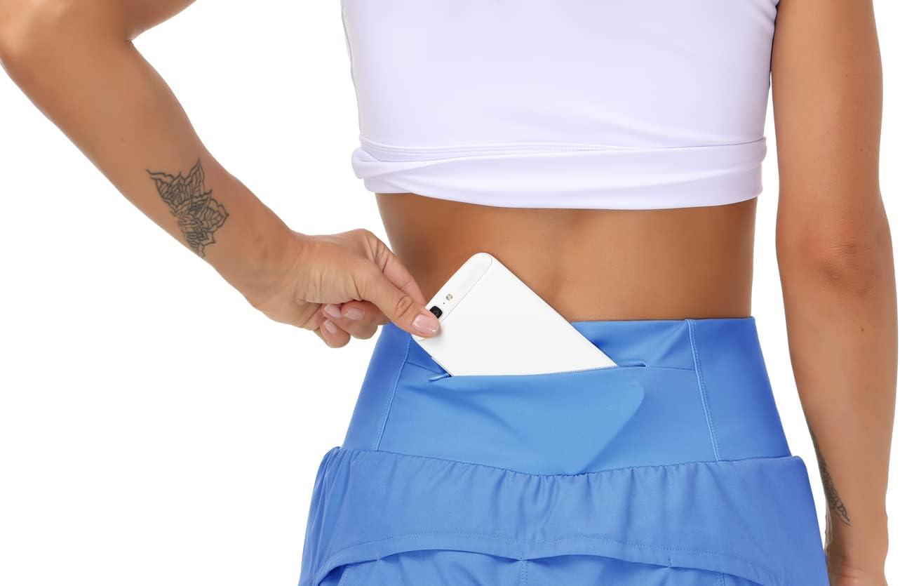 imageTHE GYM PEOPLE Womens High Waisted Running Shorts Quick Dry Athletic Workout Shorts with Mesh Liner Zipper PocketsSea Blue
