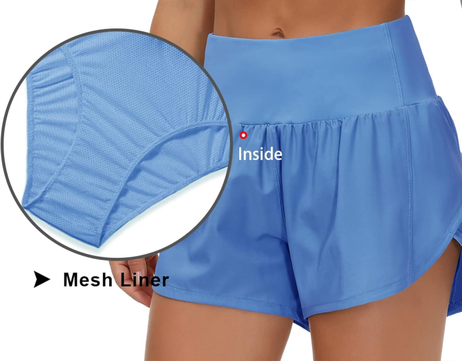 imageTHE GYM PEOPLE Womens High Waisted Running Shorts Quick Dry Athletic Workout Shorts with Mesh Liner Zipper PocketsSea Blue