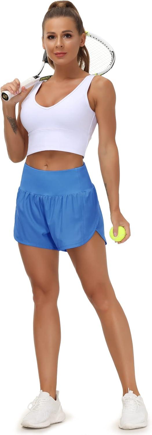 imageTHE GYM PEOPLE Womens High Waisted Running Shorts Quick Dry Athletic Workout Shorts with Mesh Liner Zipper PocketsSea Blue