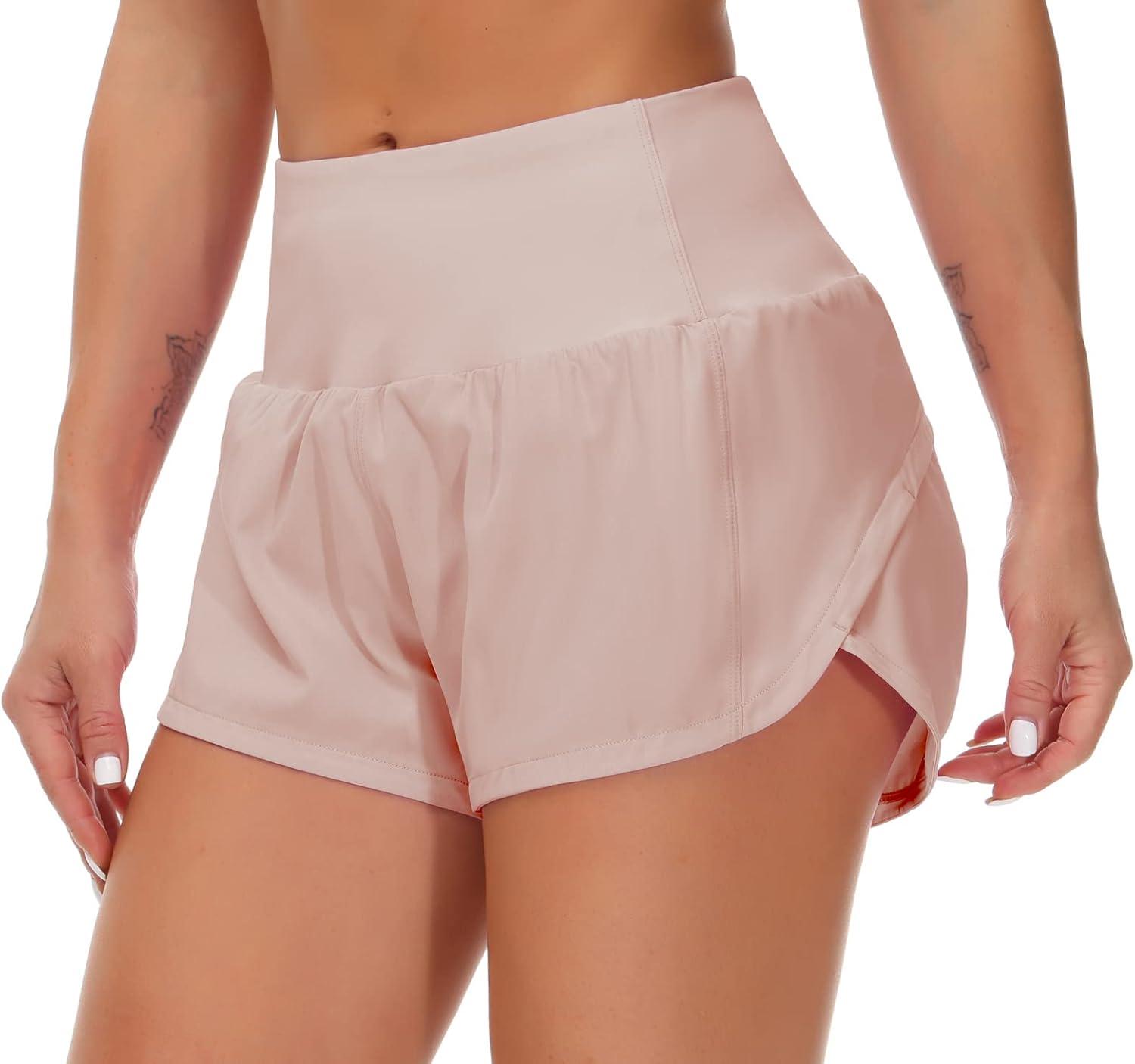 imageTHE GYM PEOPLE Womens High Waisted Running Shorts Quick Dry Athletic Workout Shorts with Mesh Liner Zipper PocketsSoft Pink
