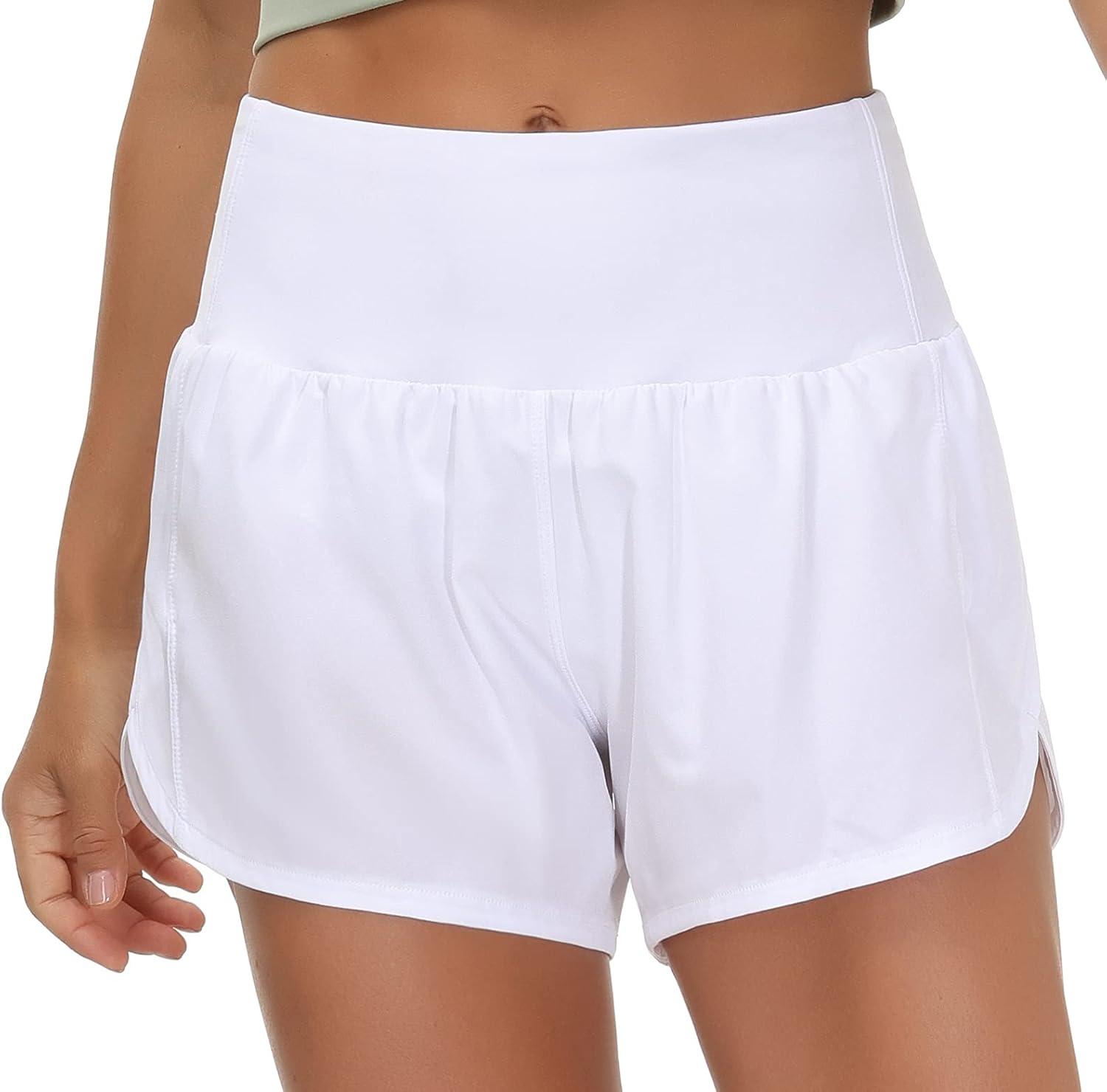 imageTHE GYM PEOPLE Womens High Waisted Running Shorts Quick Dry Athletic Workout Shorts with Mesh Liner Zipper PocketsWhite