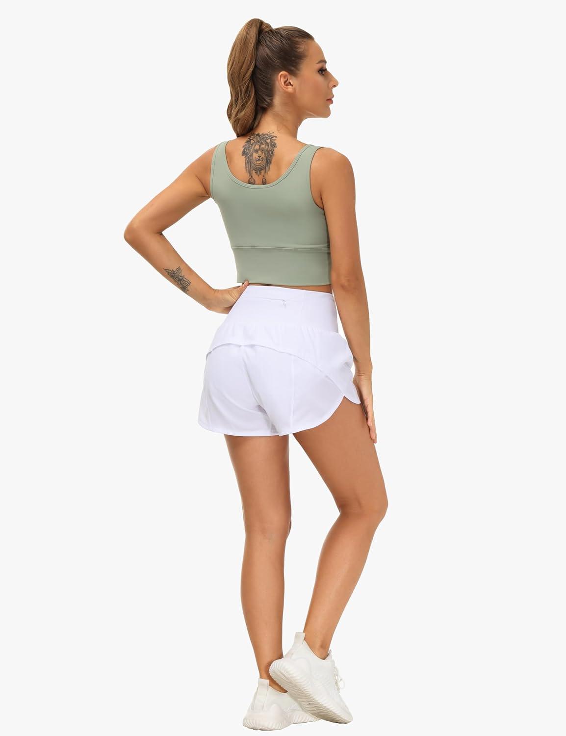 imageTHE GYM PEOPLE Womens High Waisted Running Shorts Quick Dry Athletic Workout Shorts with Mesh Liner Zipper PocketsWhite