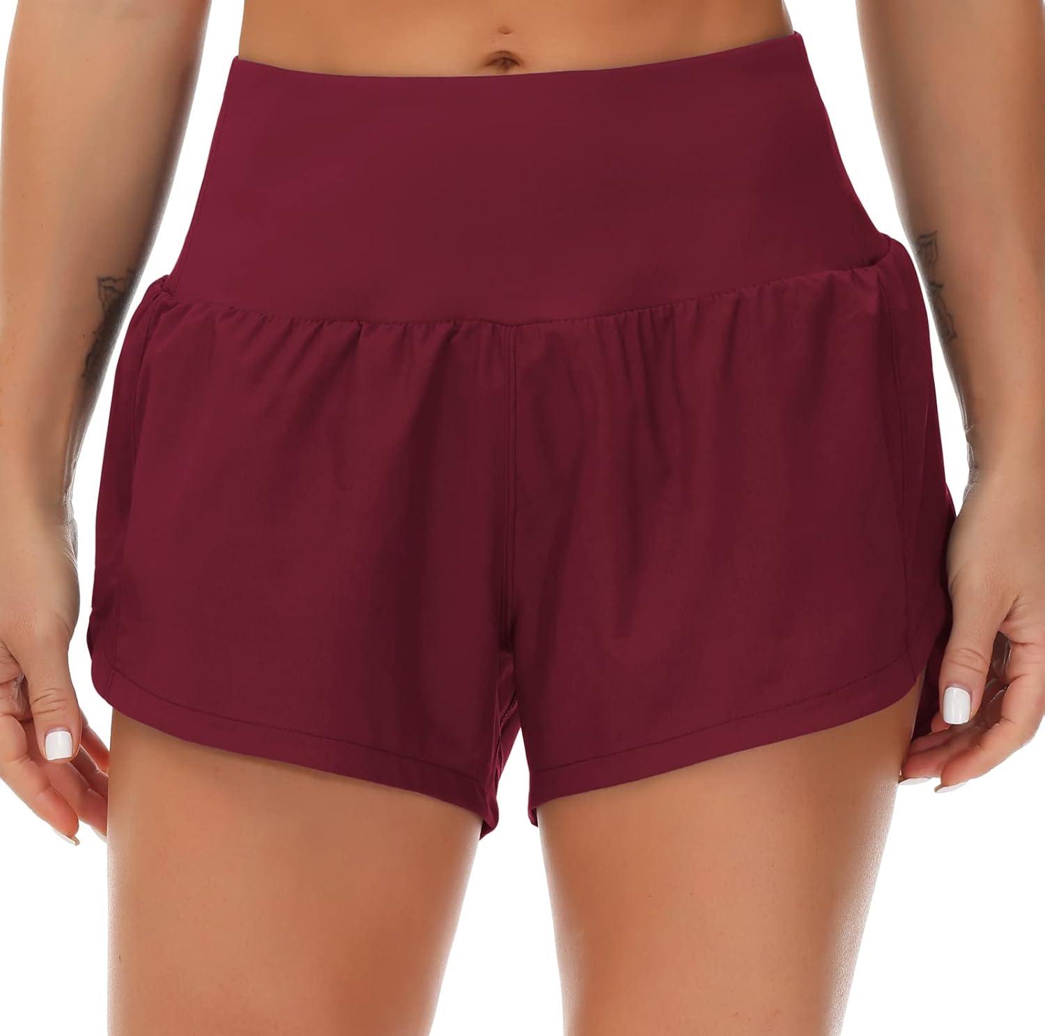 imageTHE GYM PEOPLE Womens High Waisted Running Shorts Quick Dry Athletic Workout Shorts with Mesh Liner Zipper PocketsWine Red