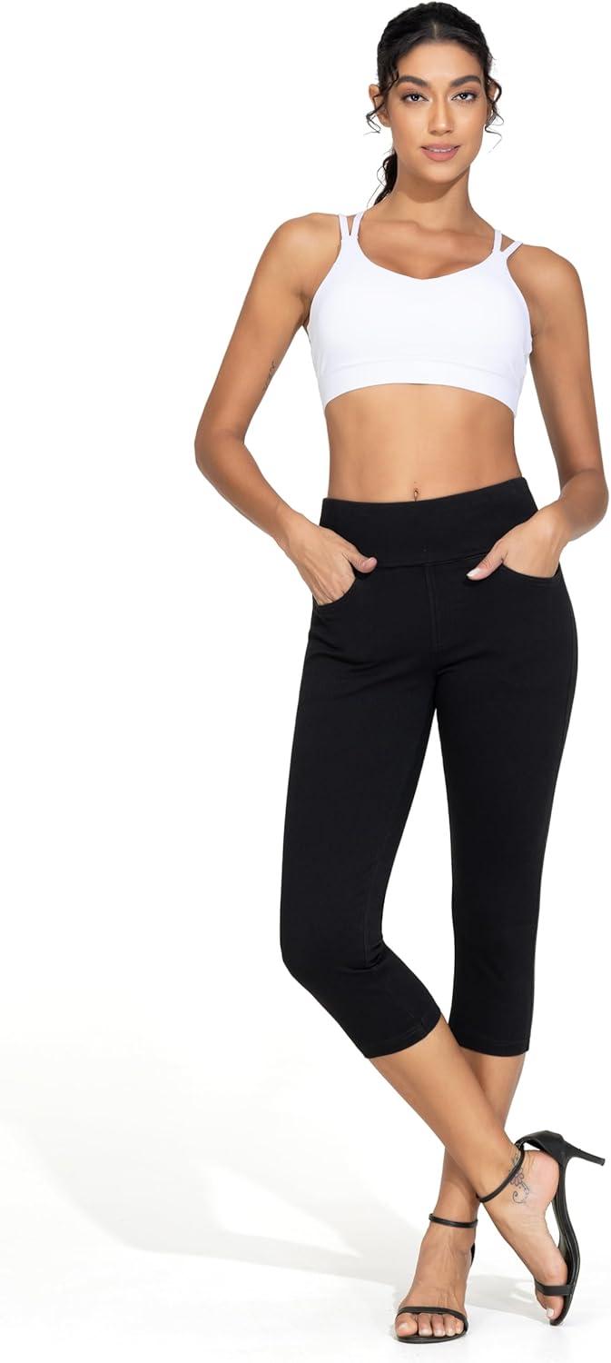 imageTHE GYM PEOPLE Womens High Waisted Stretchy Capri Jeggings Pants Tummy Control Pull on Skinny Jean Leggings with PocketsBlack