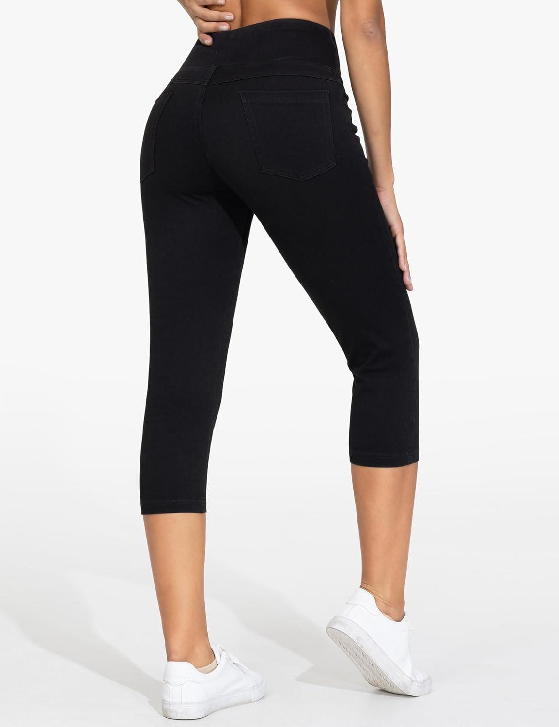 imageTHE GYM PEOPLE Womens High Waisted Stretchy Capri Jeggings Pants Tummy Control Pull on Skinny Jean Leggings with PocketsBlack