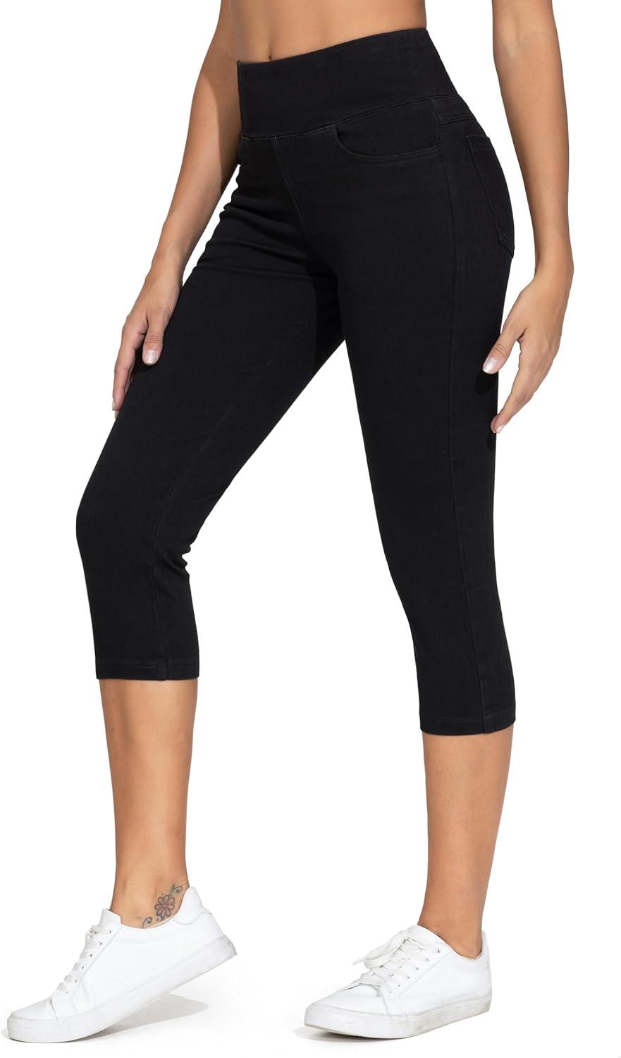 imageTHE GYM PEOPLE Womens High Waisted Stretchy Capri Jeggings Pants Tummy Control Pull on Skinny Jean Leggings with PocketsBlack
