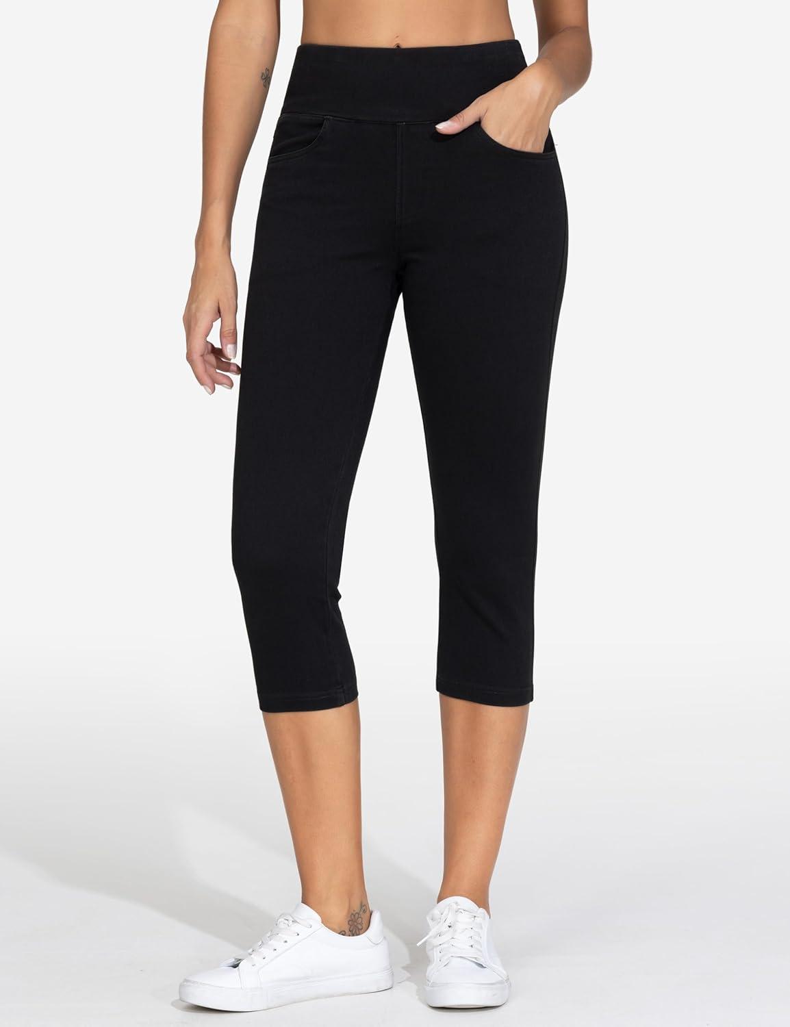 imageTHE GYM PEOPLE Womens High Waisted Stretchy Capri Jeggings Pants Tummy Control Pull on Skinny Jean Leggings with PocketsBlack