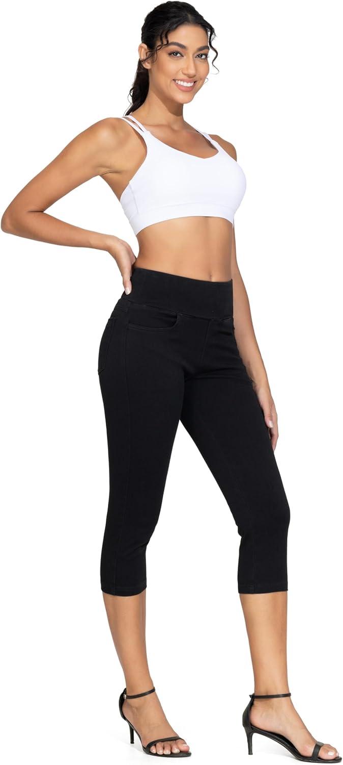 imageTHE GYM PEOPLE Womens High Waisted Stretchy Capri Jeggings Pants Tummy Control Pull on Skinny Jean Leggings with PocketsBlack