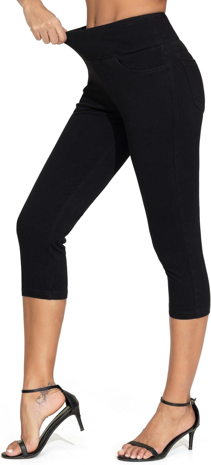 imageTHE GYM PEOPLE Womens High Waisted Stretchy Capri Jeggings Pants Tummy Control Pull on Skinny Jean Leggings with PocketsBlack