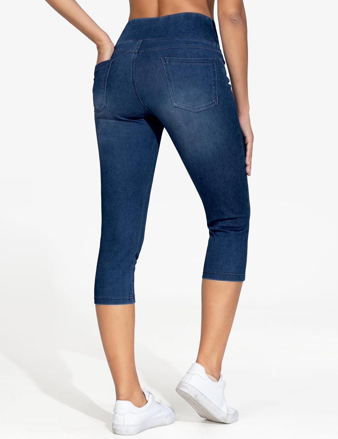 imageTHE GYM PEOPLE Womens High Waisted Stretchy Capri Jeggings Pants Tummy Control Pull on Skinny Jean Leggings with PocketsDark Blue