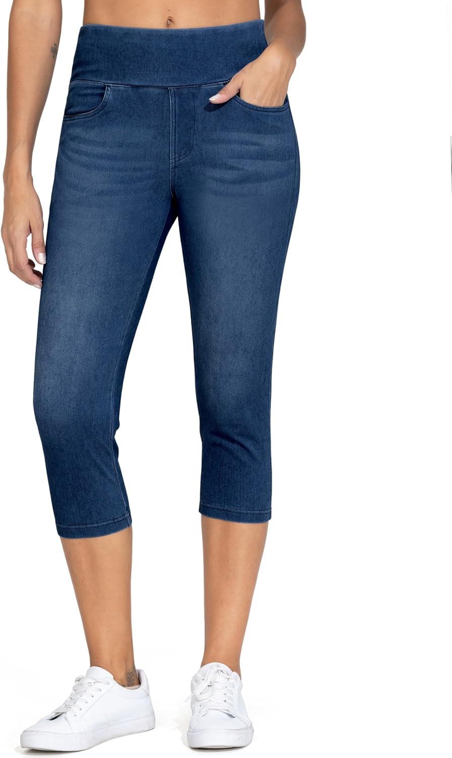 imageTHE GYM PEOPLE Womens High Waisted Stretchy Capri Jeggings Pants Tummy Control Pull on Skinny Jean Leggings with PocketsDark Blue