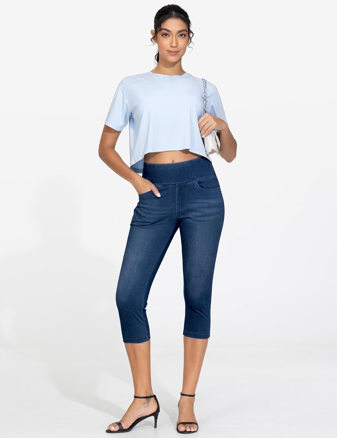 imageTHE GYM PEOPLE Womens High Waisted Stretchy Capri Jeggings Pants Tummy Control Pull on Skinny Jean Leggings with PocketsDark Blue