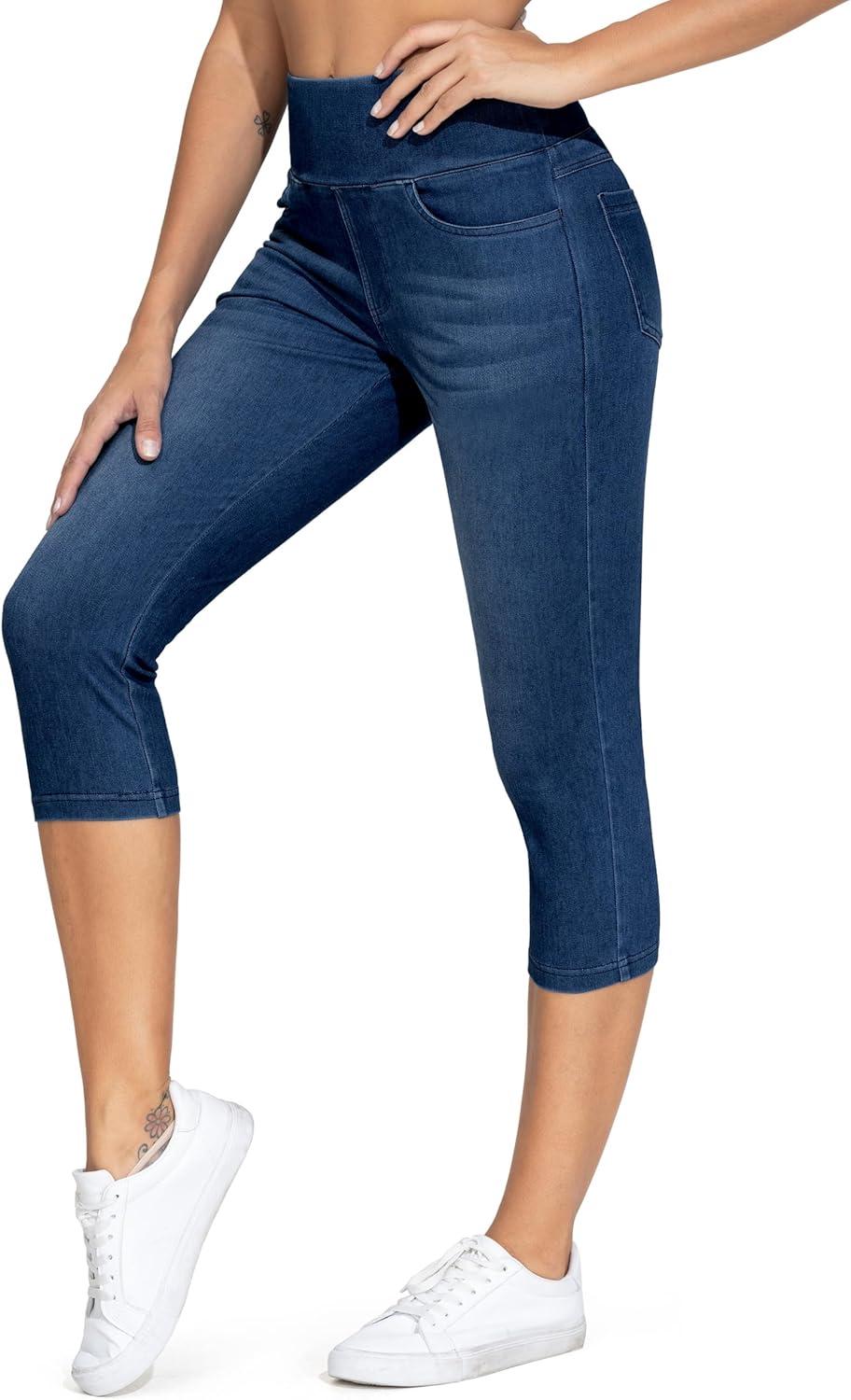 imageTHE GYM PEOPLE Womens High Waisted Stretchy Capri Jeggings Pants Tummy Control Pull on Skinny Jean Leggings with PocketsDark Blue