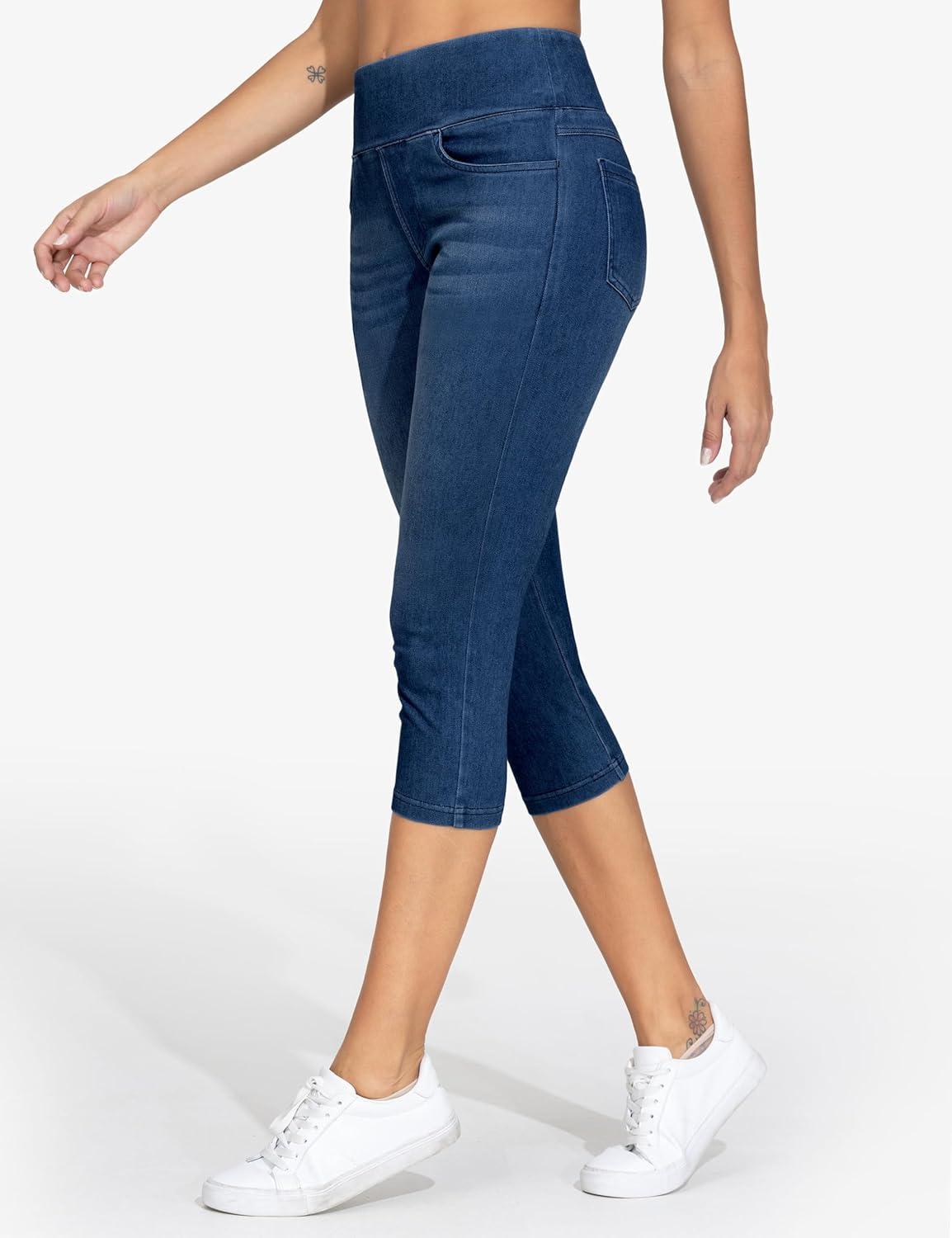 imageTHE GYM PEOPLE Womens High Waisted Stretchy Capri Jeggings Pants Tummy Control Pull on Skinny Jean Leggings with PocketsDark Blue