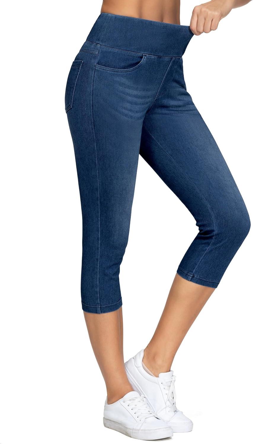 imageTHE GYM PEOPLE Womens High Waisted Stretchy Capri Jeggings Pants Tummy Control Pull on Skinny Jean Leggings with PocketsDark Blue