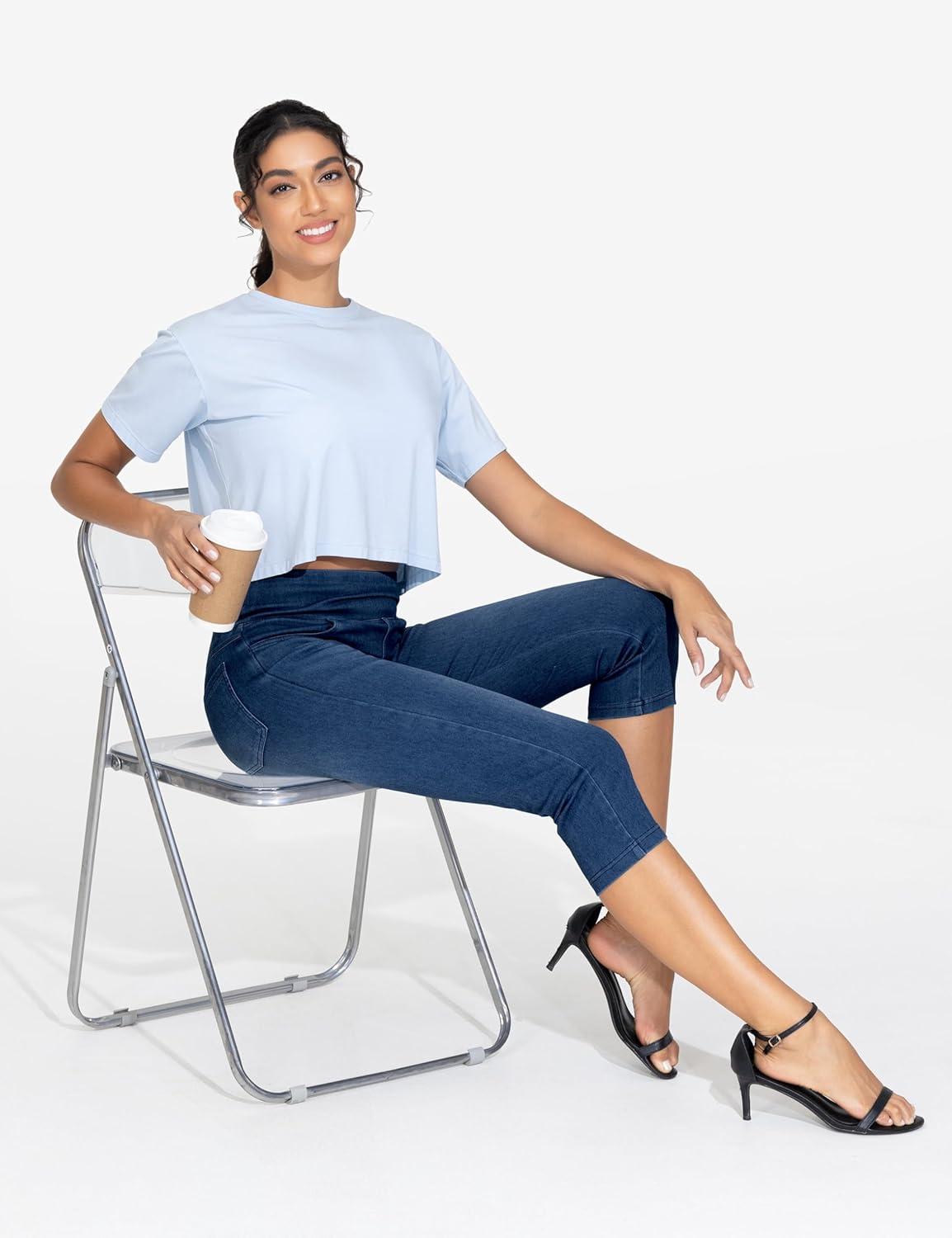 imageTHE GYM PEOPLE Womens High Waisted Stretchy Capri Jeggings Pants Tummy Control Pull on Skinny Jean Leggings with PocketsDark Blue