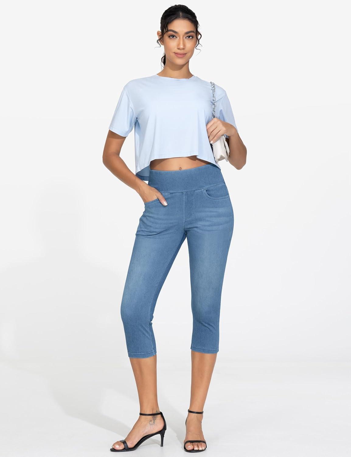 imageTHE GYM PEOPLE Womens High Waisted Stretchy Capri Jeggings Pants Tummy Control Pull on Skinny Jean Leggings with PocketsDenim Blue