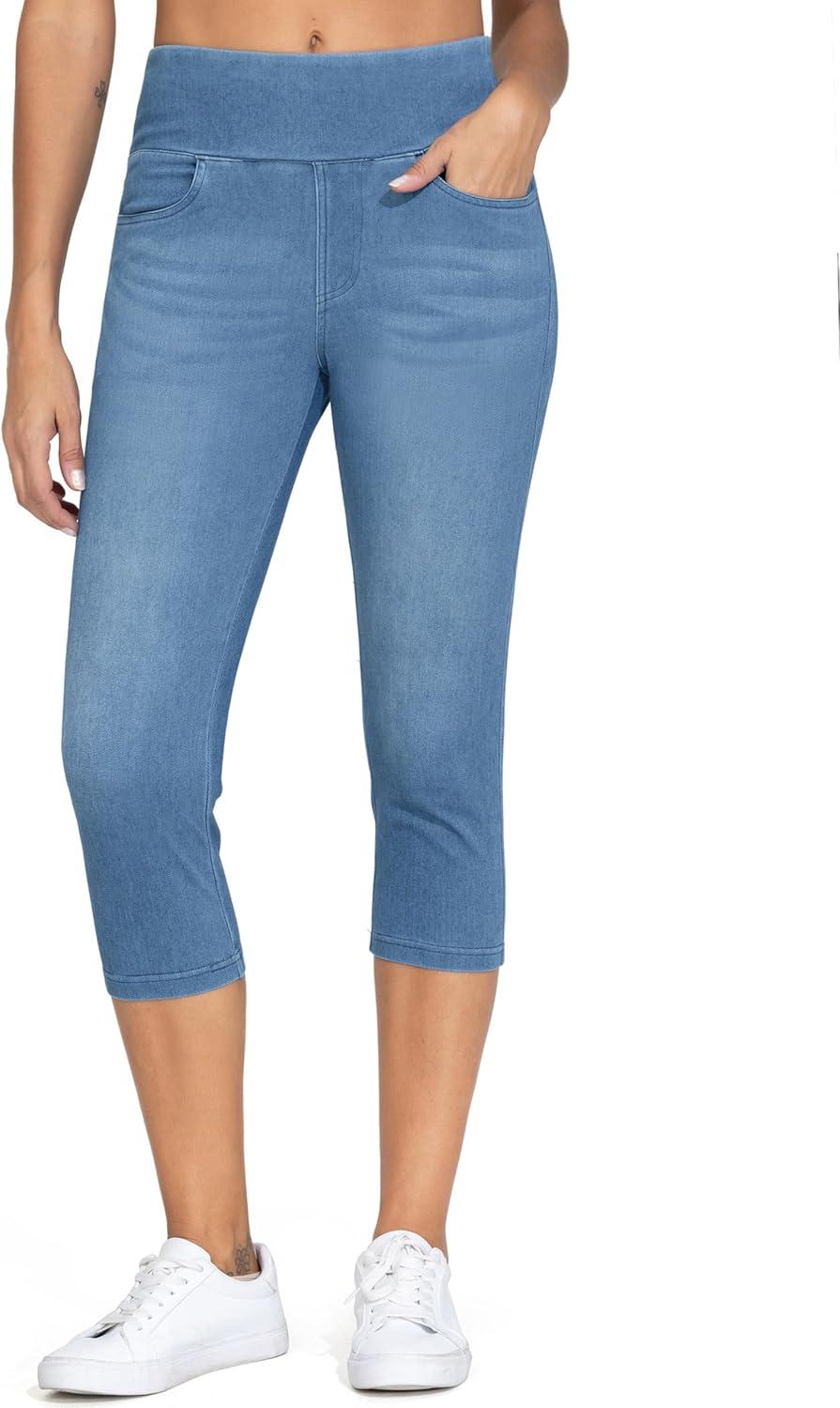imageTHE GYM PEOPLE Womens High Waisted Stretchy Capri Jeggings Pants Tummy Control Pull on Skinny Jean Leggings with PocketsDenim Blue