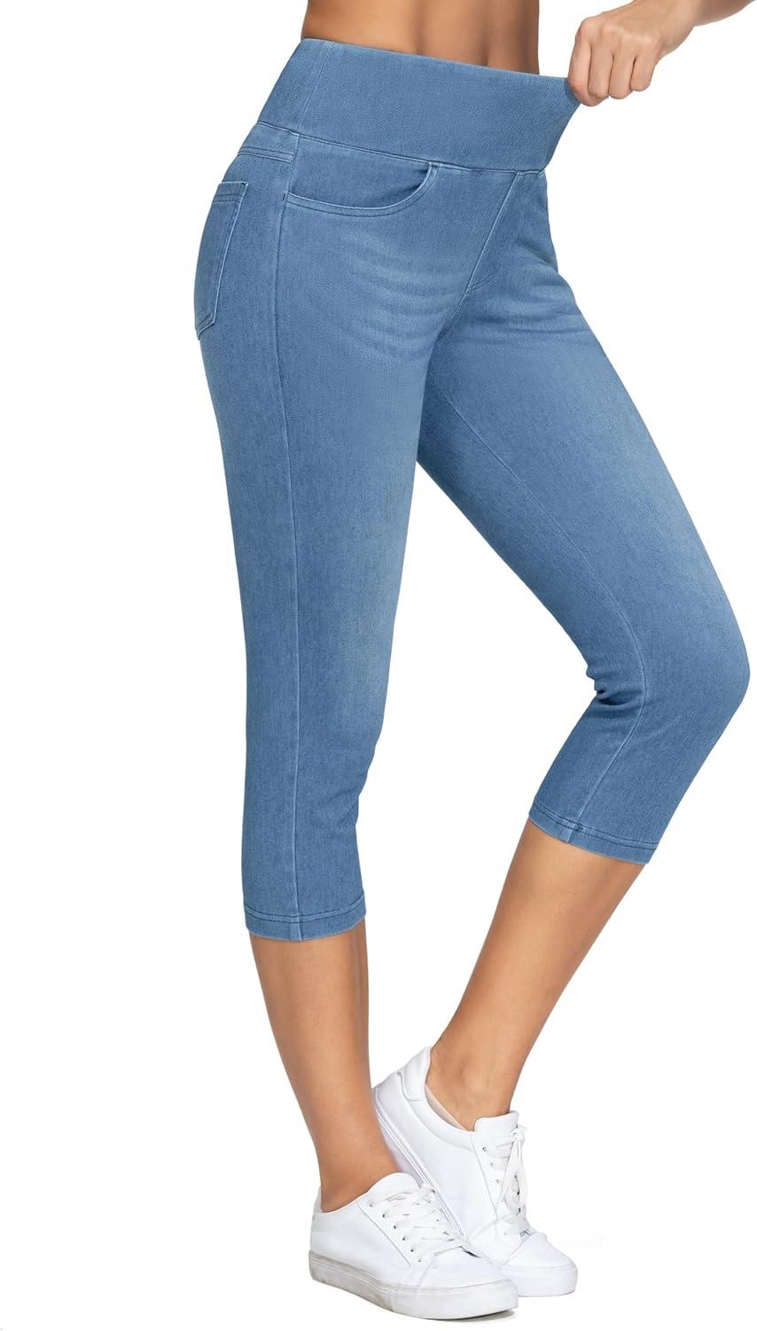 imageTHE GYM PEOPLE Womens High Waisted Stretchy Capri Jeggings Pants Tummy Control Pull on Skinny Jean Leggings with PocketsDenim Blue