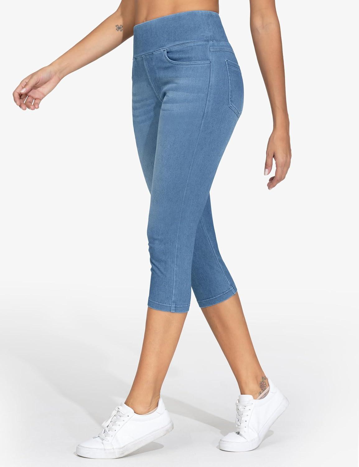 imageTHE GYM PEOPLE Womens High Waisted Stretchy Capri Jeggings Pants Tummy Control Pull on Skinny Jean Leggings with PocketsDenim Blue