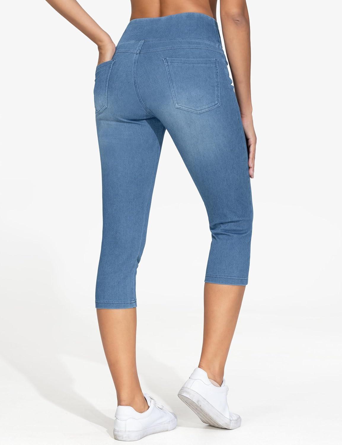 imageTHE GYM PEOPLE Womens High Waisted Stretchy Capri Jeggings Pants Tummy Control Pull on Skinny Jean Leggings with PocketsDenim Blue