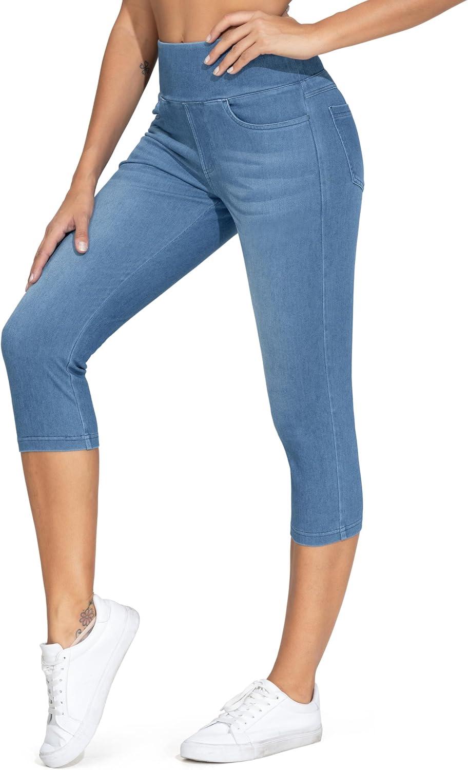 imageTHE GYM PEOPLE Womens High Waisted Stretchy Capri Jeggings Pants Tummy Control Pull on Skinny Jean Leggings with PocketsDenim Blue