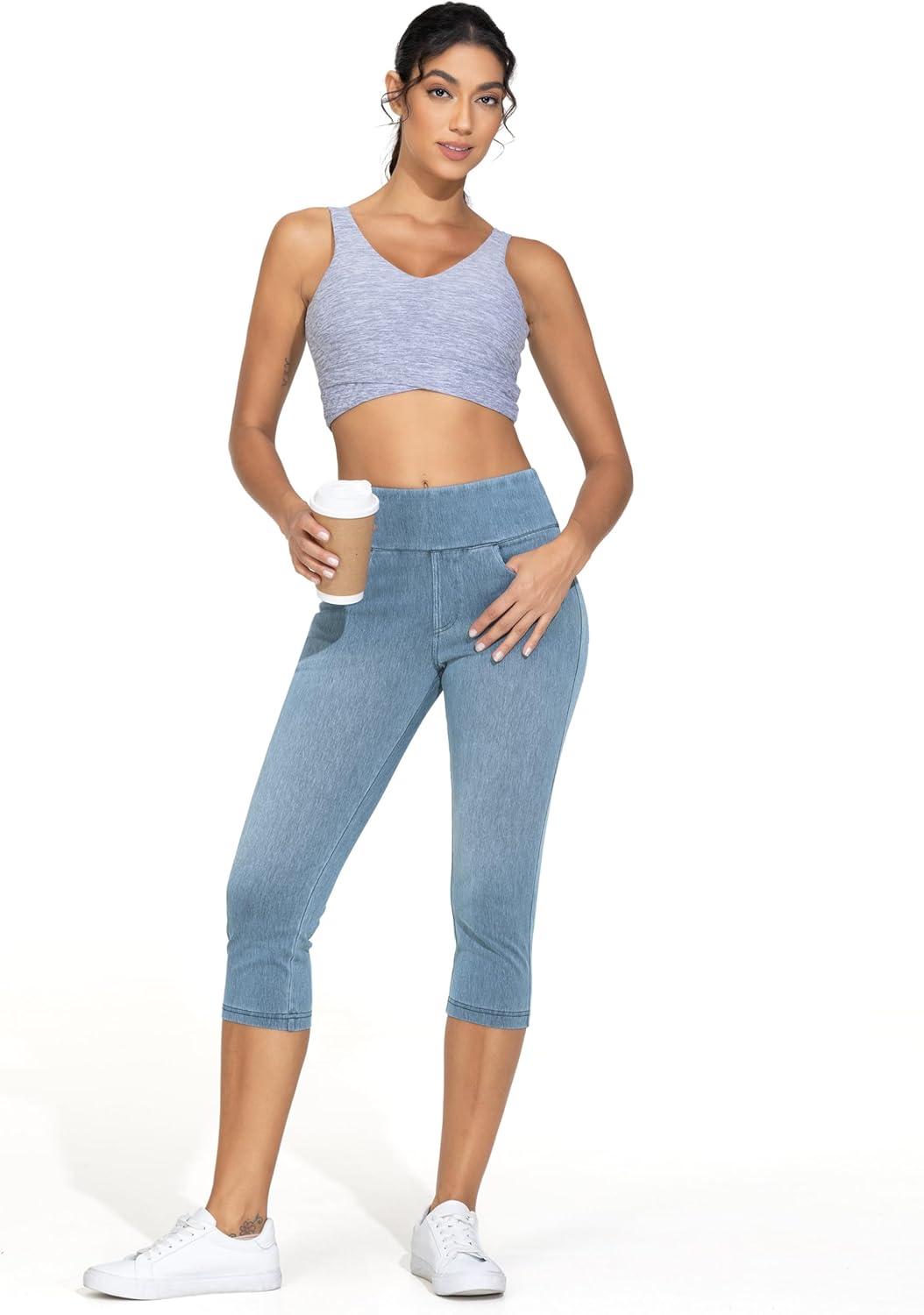 imageTHE GYM PEOPLE Womens High Waisted Stretchy Capri Jeggings Pants Tummy Control Pull on Skinny Jean Leggings with PocketsDenim Light Blue