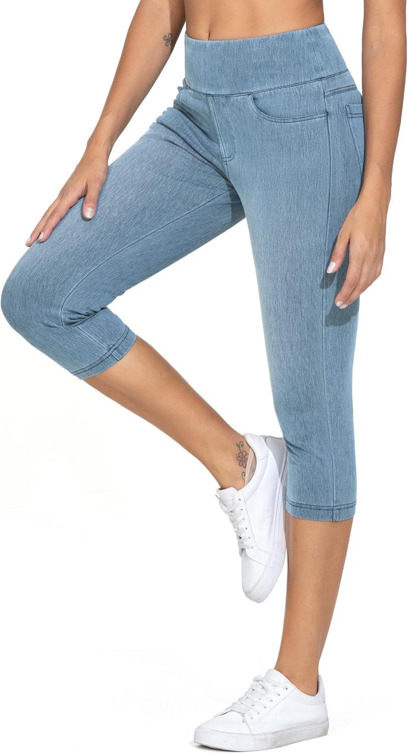 imageTHE GYM PEOPLE Womens High Waisted Stretchy Capri Jeggings Pants Tummy Control Pull on Skinny Jean Leggings with PocketsDenim Light Blue