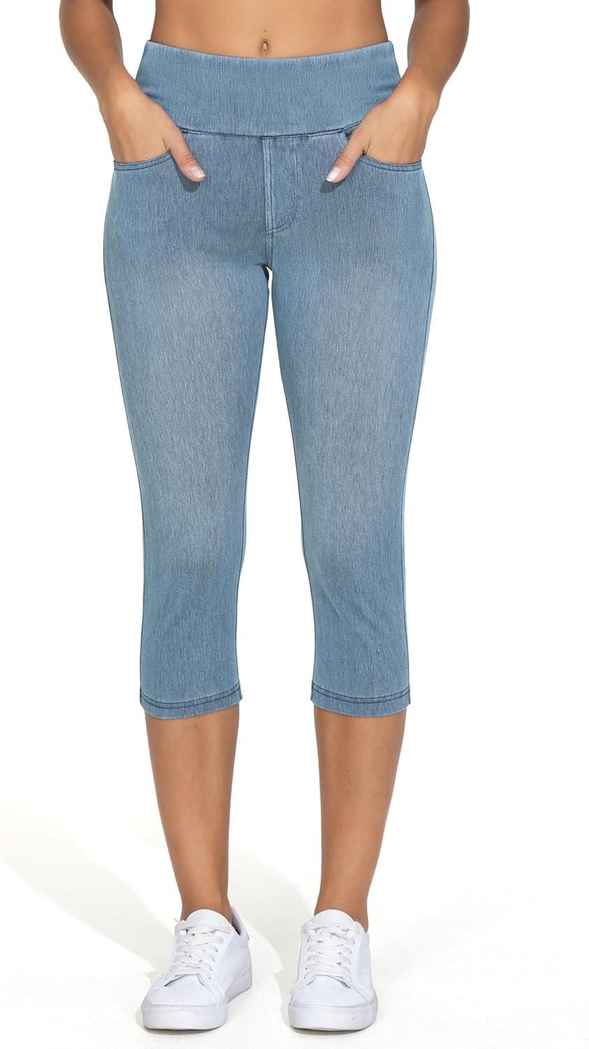 imageTHE GYM PEOPLE Womens High Waisted Stretchy Capri Jeggings Pants Tummy Control Pull on Skinny Jean Leggings with PocketsDenim Light Blue