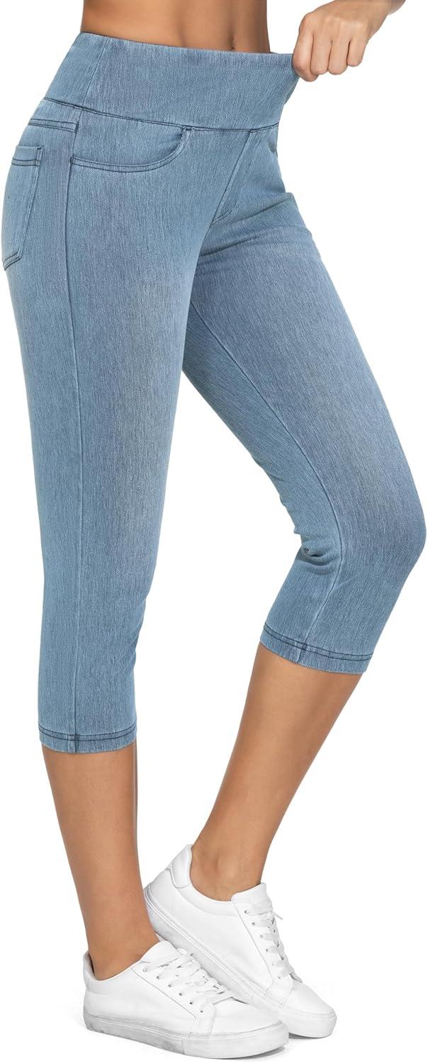 imageTHE GYM PEOPLE Womens High Waisted Stretchy Capri Jeggings Pants Tummy Control Pull on Skinny Jean Leggings with PocketsDenim Light Blue