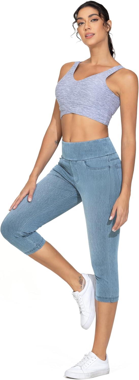 imageTHE GYM PEOPLE Womens High Waisted Stretchy Capri Jeggings Pants Tummy Control Pull on Skinny Jean Leggings with PocketsDenim Light Blue