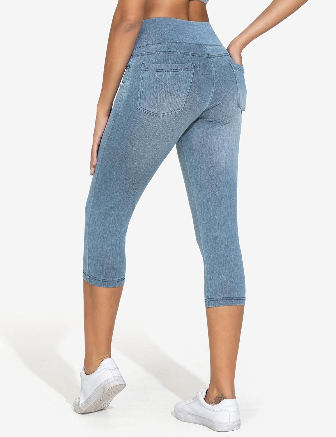 imageTHE GYM PEOPLE Womens High Waisted Stretchy Capri Jeggings Pants Tummy Control Pull on Skinny Jean Leggings with PocketsDenim Light Blue