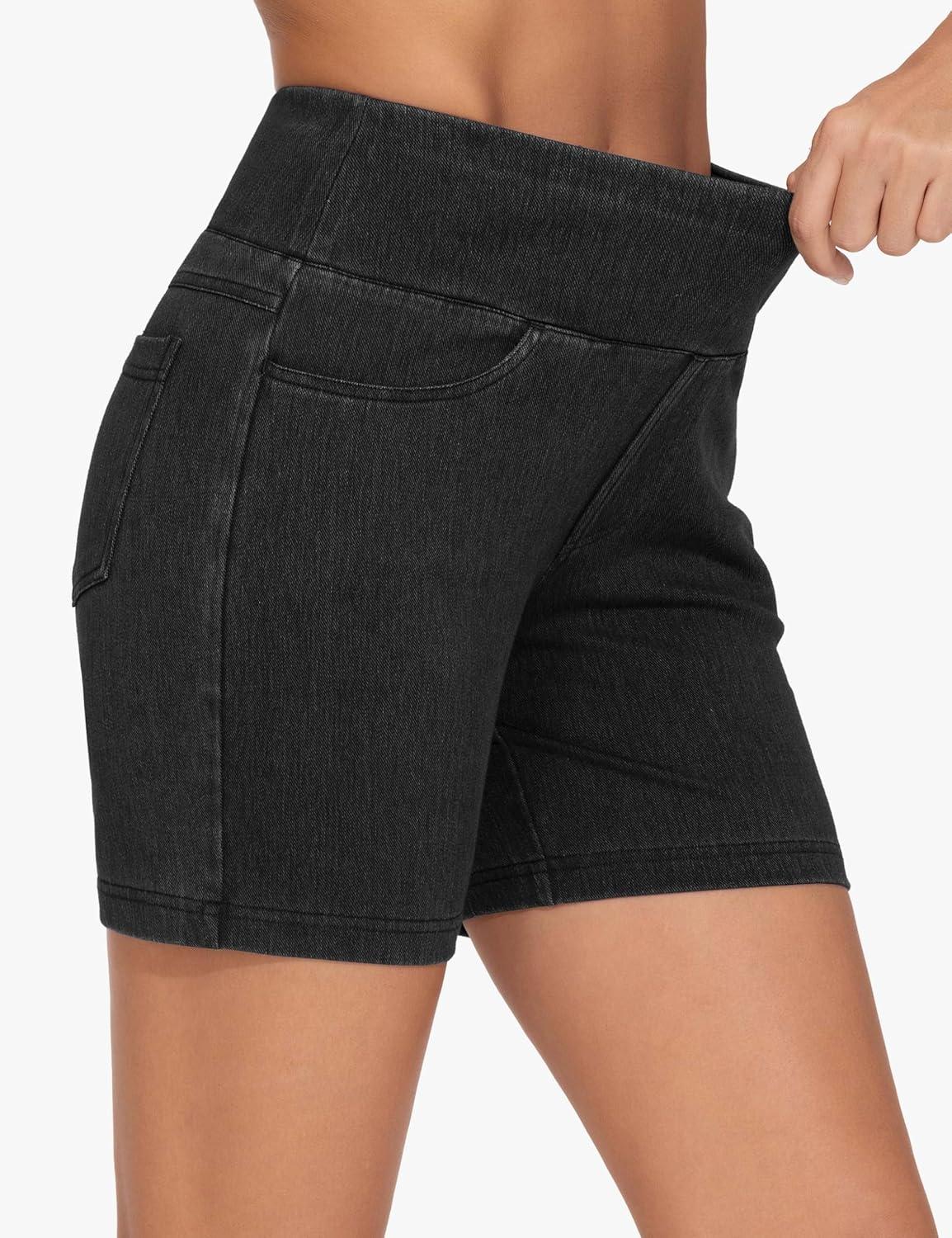 imageTHE GYM PEOPLE Womens High Waisted Stretchy Jean Shorts Summer Skinny Denim Shorts with PocketsBlack