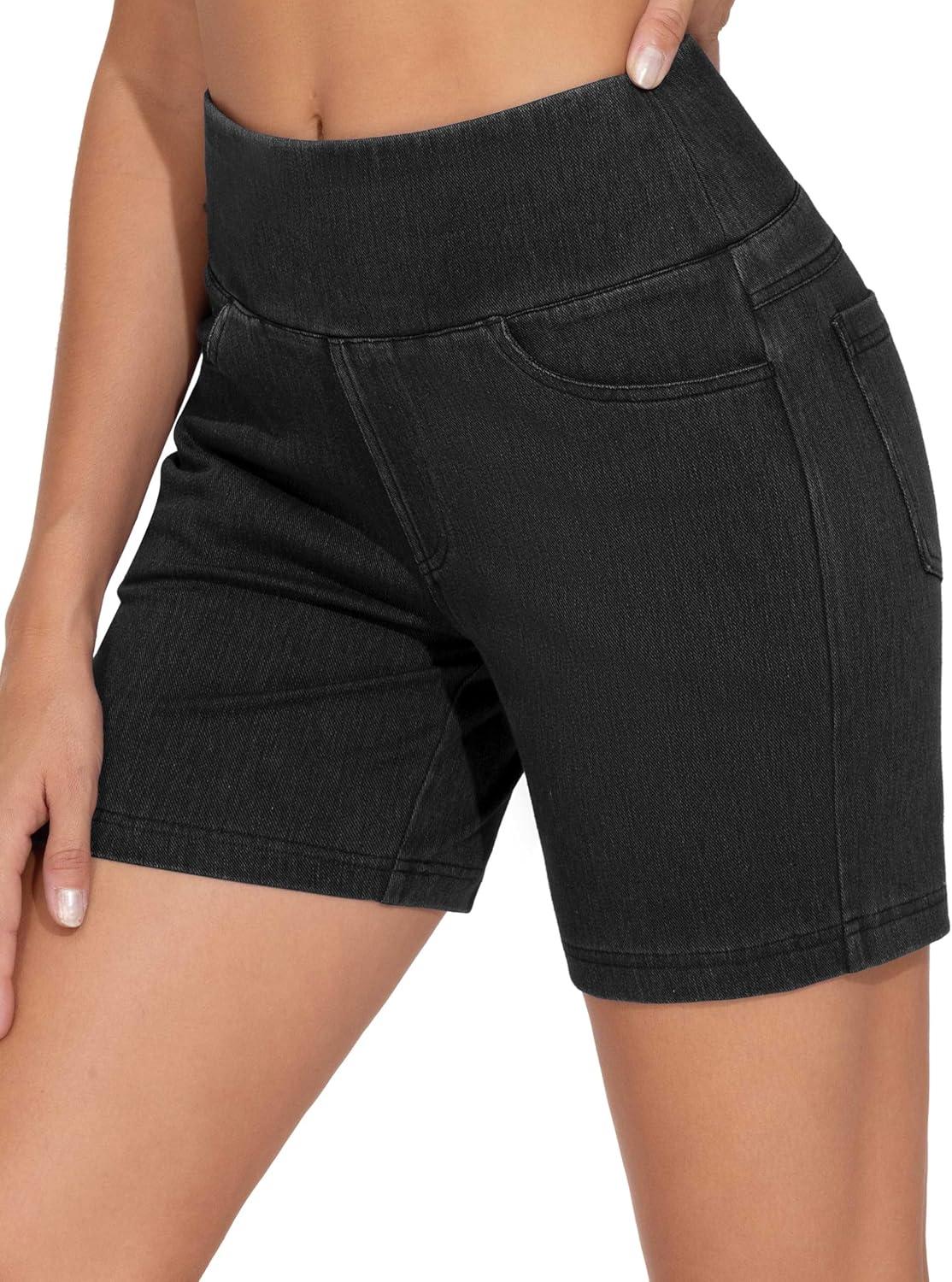 imageTHE GYM PEOPLE Womens High Waisted Stretchy Jean Shorts Summer Skinny Denim Shorts with PocketsBlack