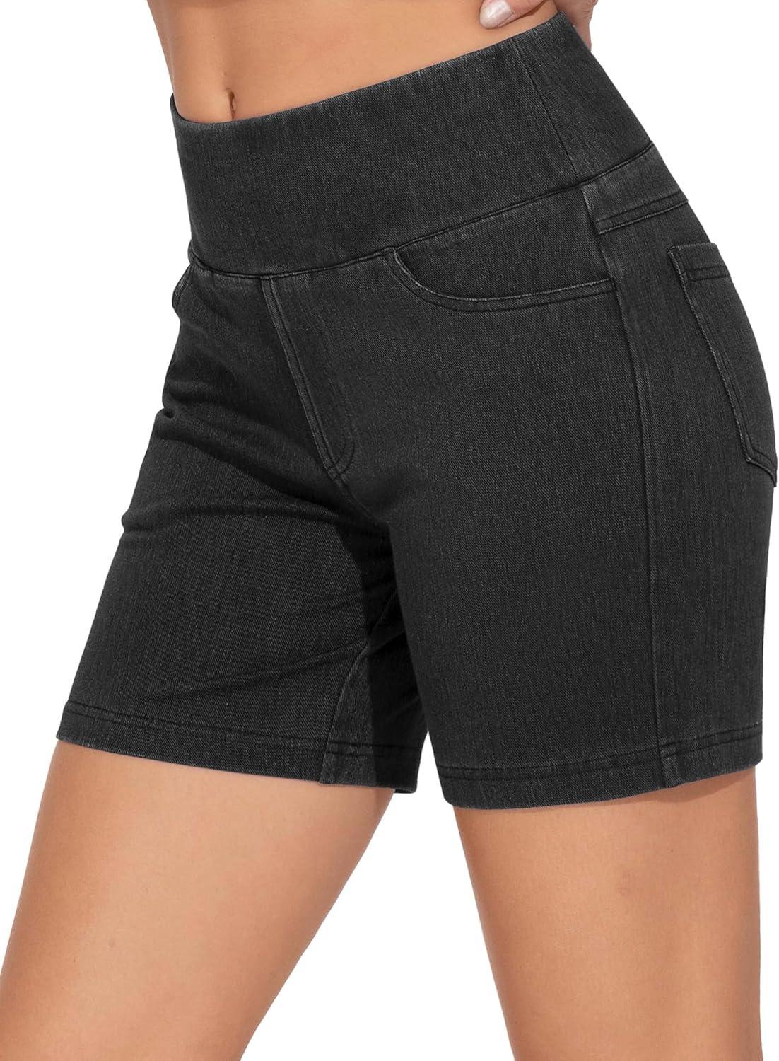 imageTHE GYM PEOPLE Womens High Waisted Stretchy Jean Shorts Summer Skinny Denim Shorts with PocketsBlack