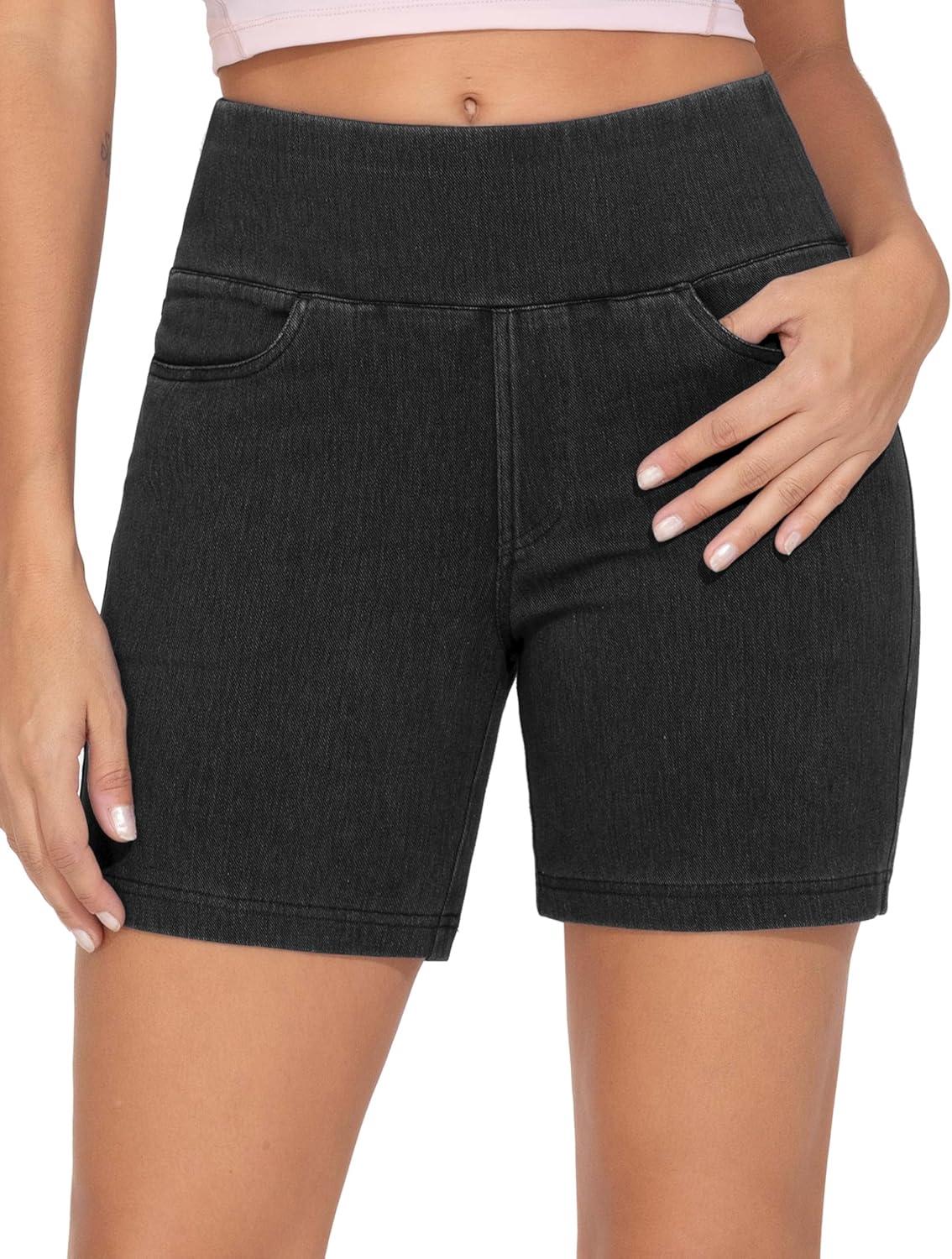 imageTHE GYM PEOPLE Womens High Waisted Stretchy Jean Shorts Summer Skinny Denim Shorts with PocketsBlack