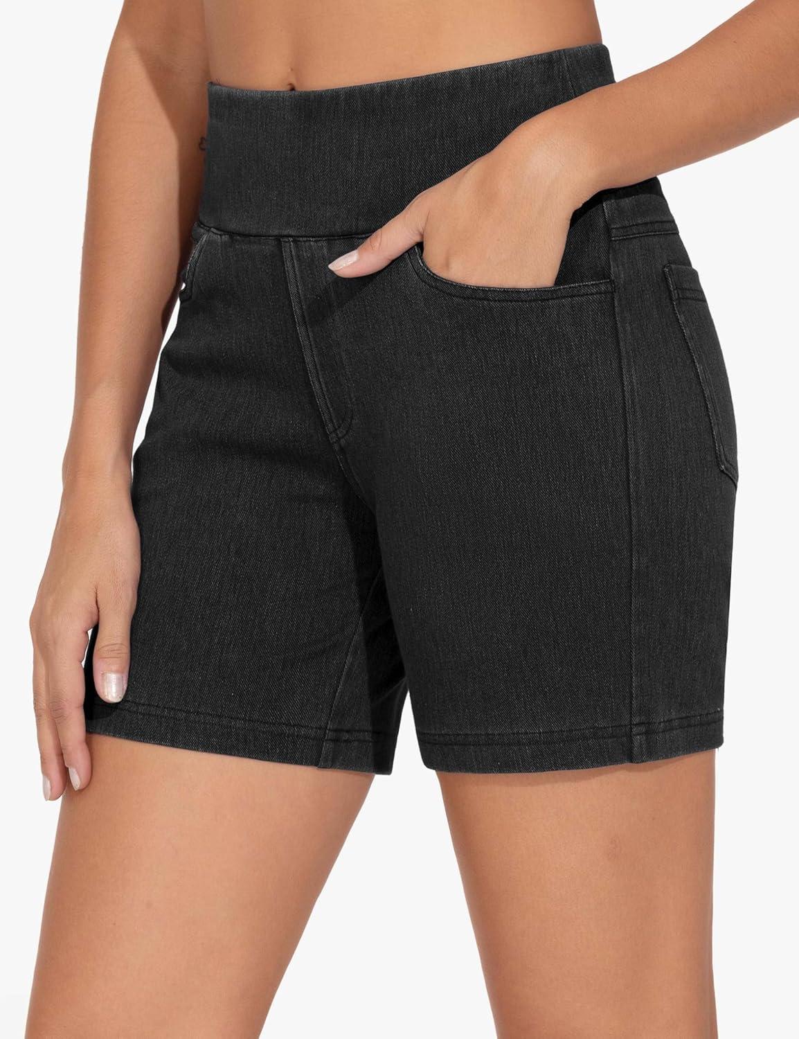 imageTHE GYM PEOPLE Womens High Waisted Stretchy Jean Shorts Summer Skinny Denim Shorts with PocketsBlack