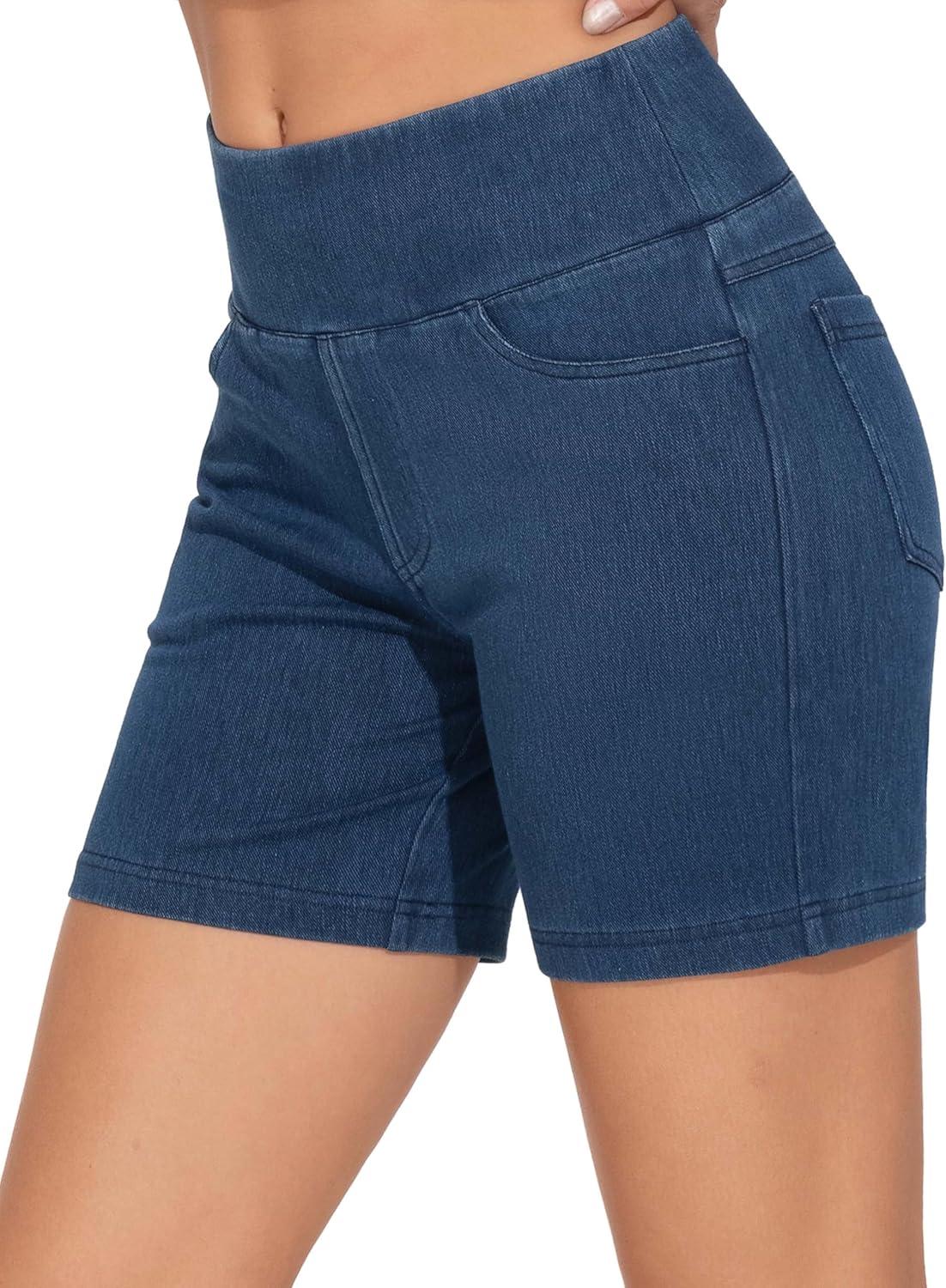 imageTHE GYM PEOPLE Womens High Waisted Stretchy Jean Shorts Summer Skinny Denim Shorts with PocketsDark Blue