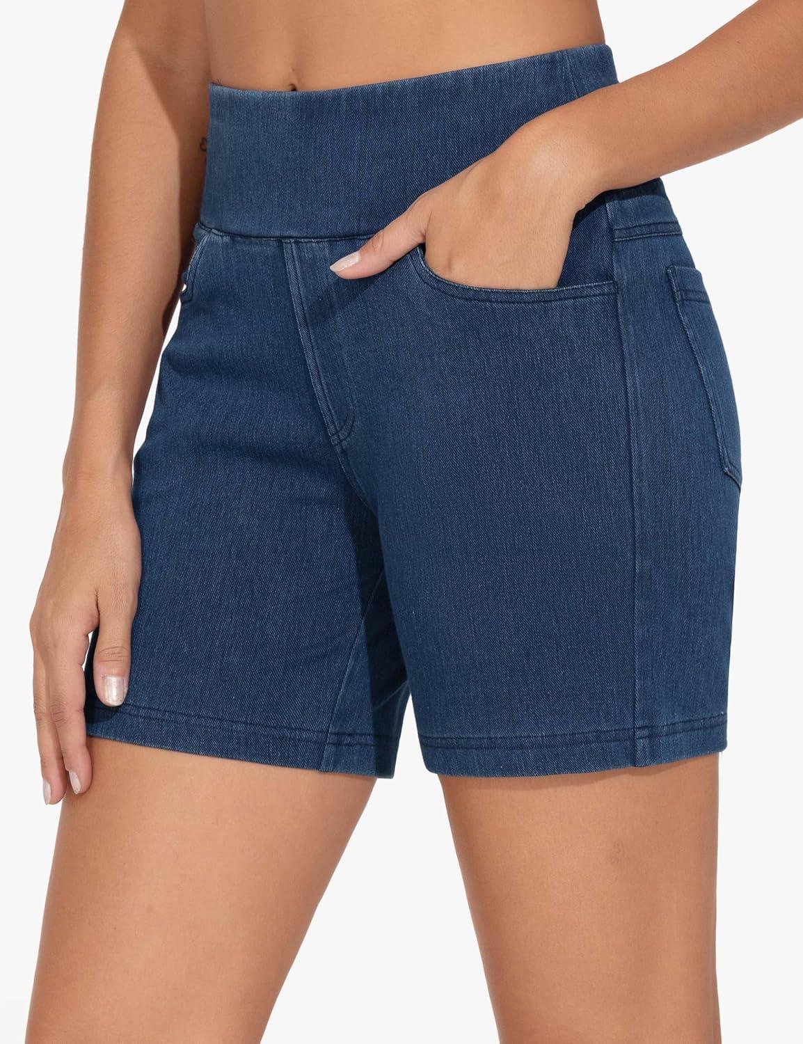 imageTHE GYM PEOPLE Womens High Waisted Stretchy Jean Shorts Summer Skinny Denim Shorts with PocketsDark Blue