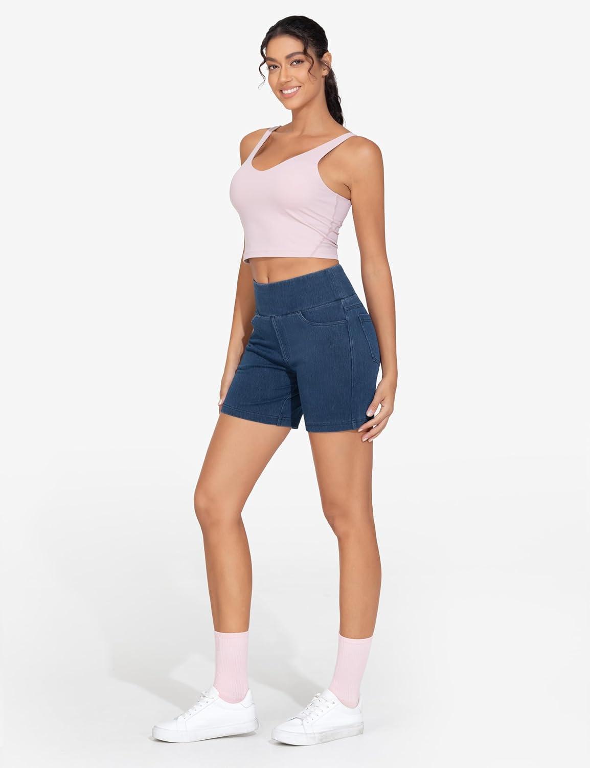 imageTHE GYM PEOPLE Womens High Waisted Stretchy Jean Shorts Summer Skinny Denim Shorts with PocketsDark Blue