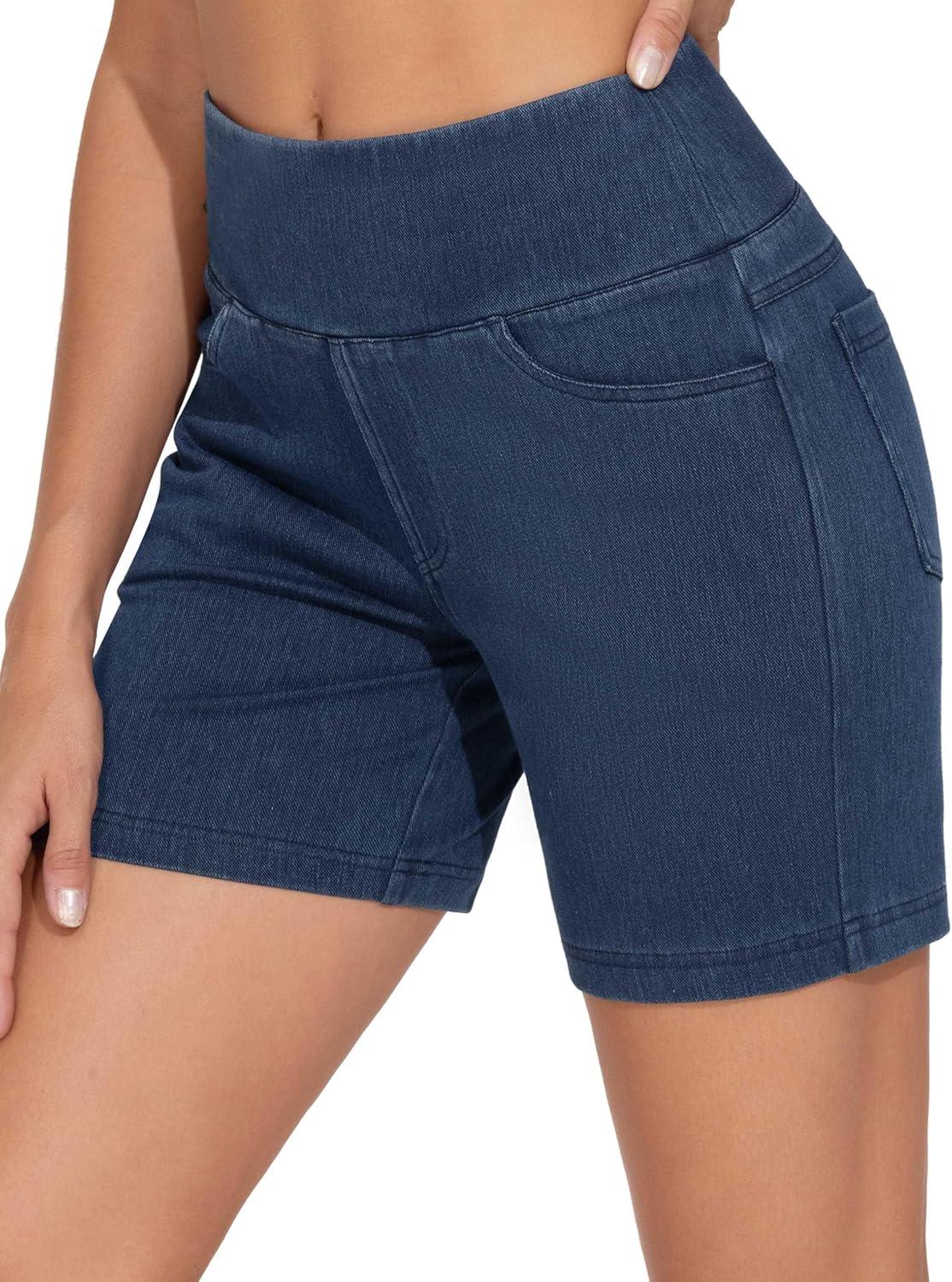 imageTHE GYM PEOPLE Womens High Waisted Stretchy Jean Shorts Summer Skinny Denim Shorts with PocketsDark Blue