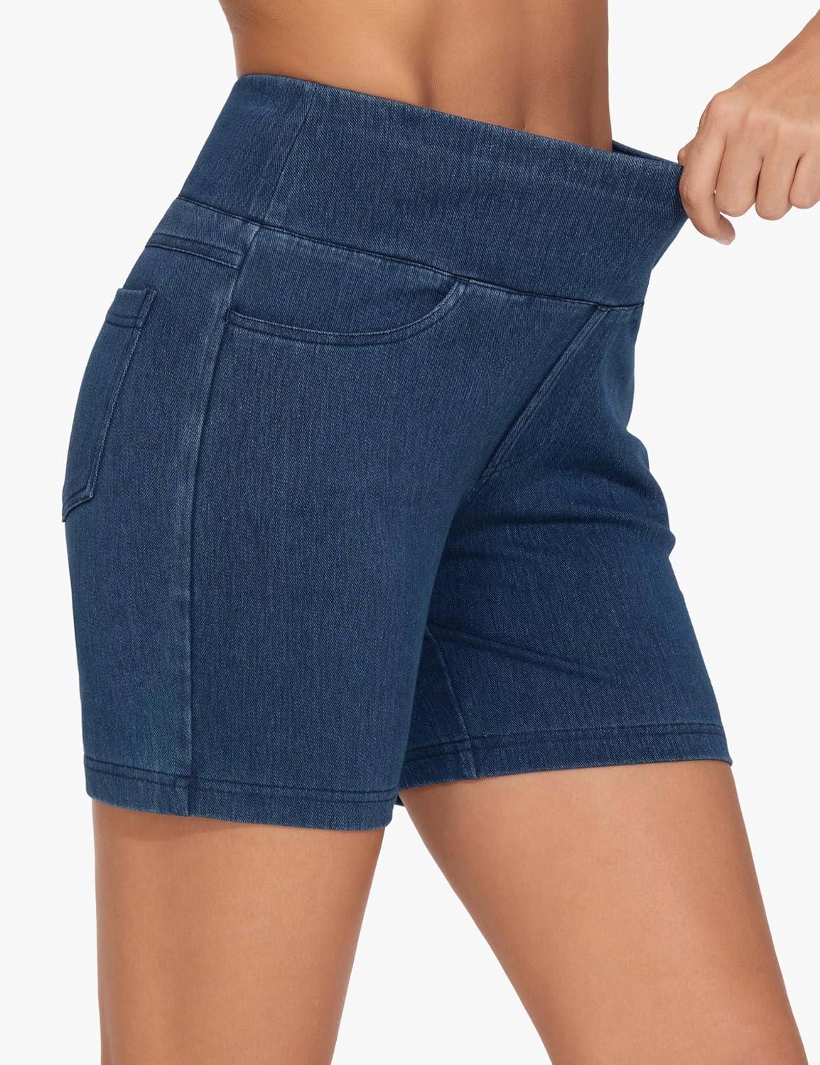 imageTHE GYM PEOPLE Womens High Waisted Stretchy Jean Shorts Summer Skinny Denim Shorts with PocketsDark Blue