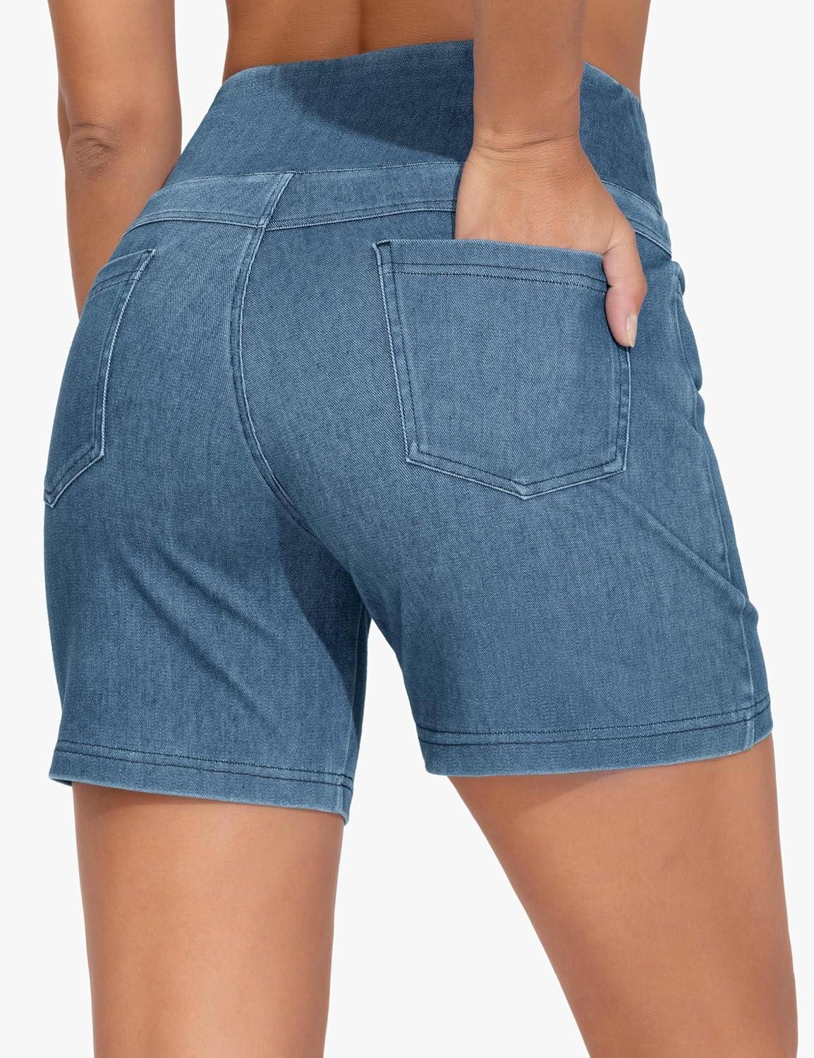 imageTHE GYM PEOPLE Womens High Waisted Stretchy Jean Shorts Summer Skinny Denim Shorts with PocketsDenim Blue