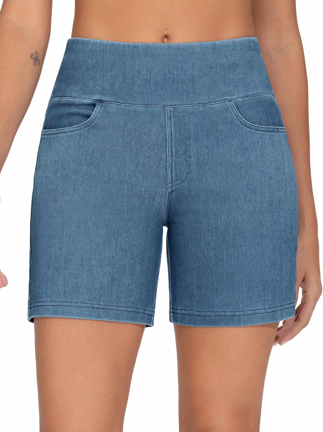 imageTHE GYM PEOPLE Womens High Waisted Stretchy Jean Shorts Summer Skinny Denim Shorts with PocketsDenim Blue