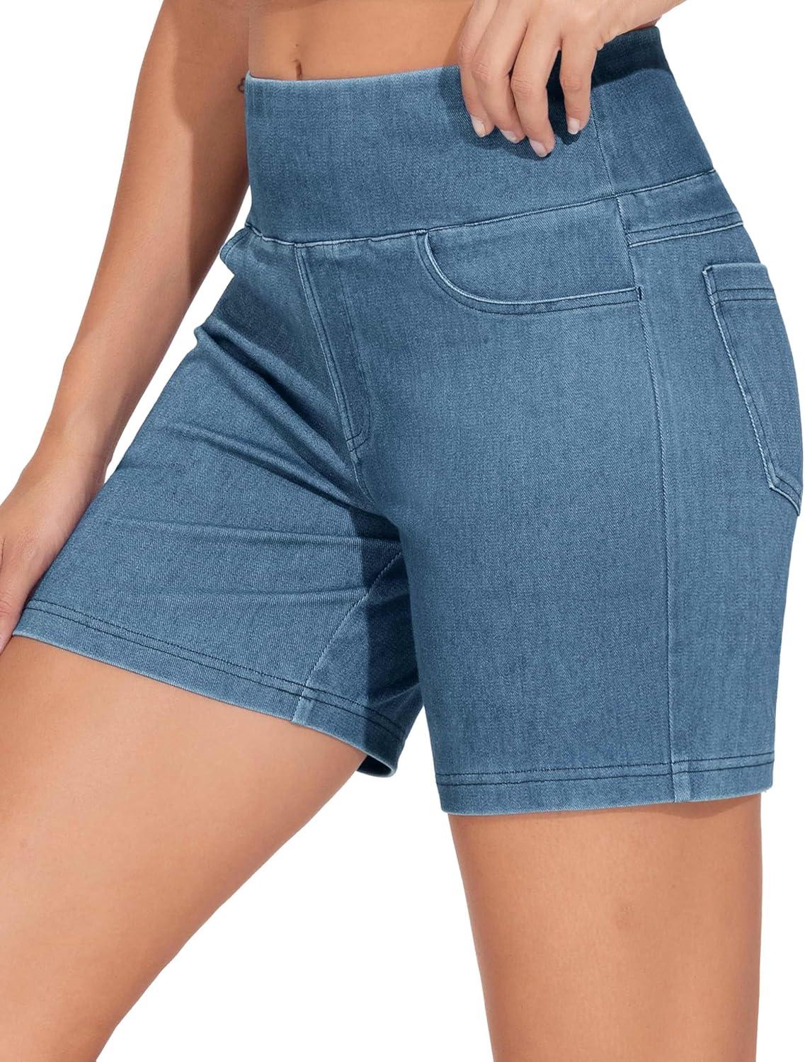 imageTHE GYM PEOPLE Womens High Waisted Stretchy Jean Shorts Summer Skinny Denim Shorts with PocketsDenim Blue