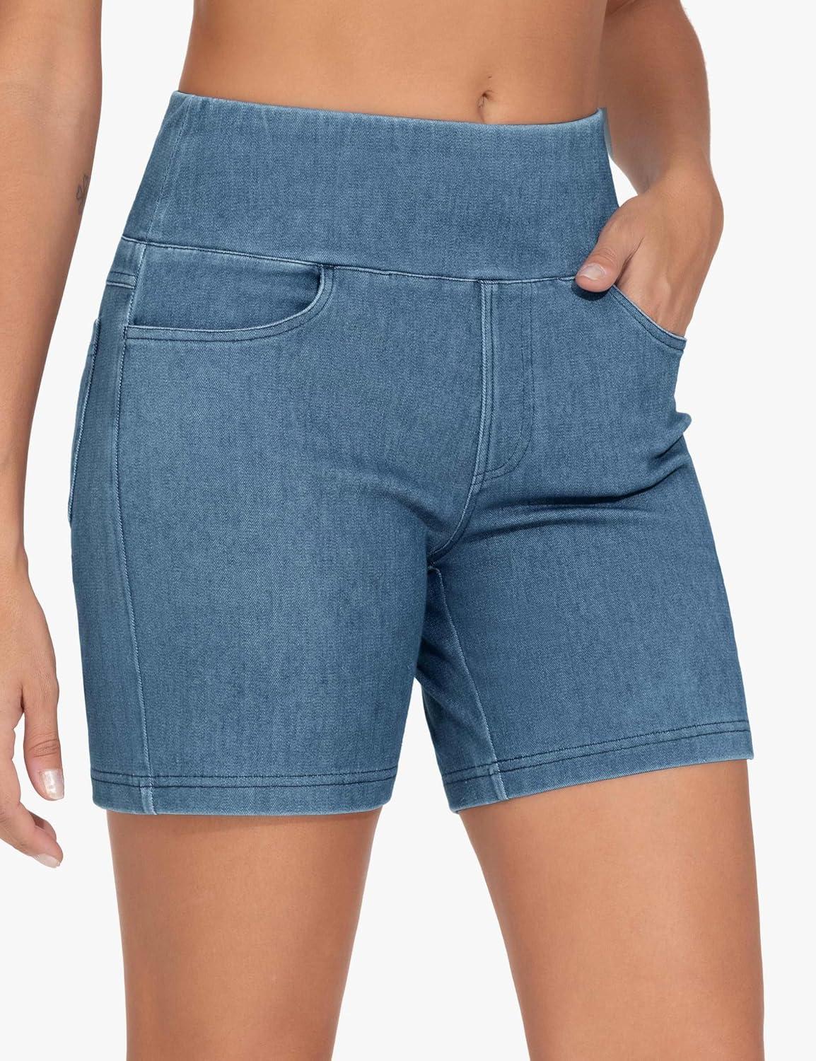 imageTHE GYM PEOPLE Womens High Waisted Stretchy Jean Shorts Summer Skinny Denim Shorts with PocketsDenim Blue