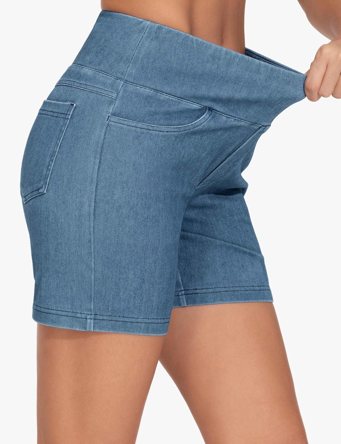 imageTHE GYM PEOPLE Womens High Waisted Stretchy Jean Shorts Summer Skinny Denim Shorts with PocketsDenim Blue
