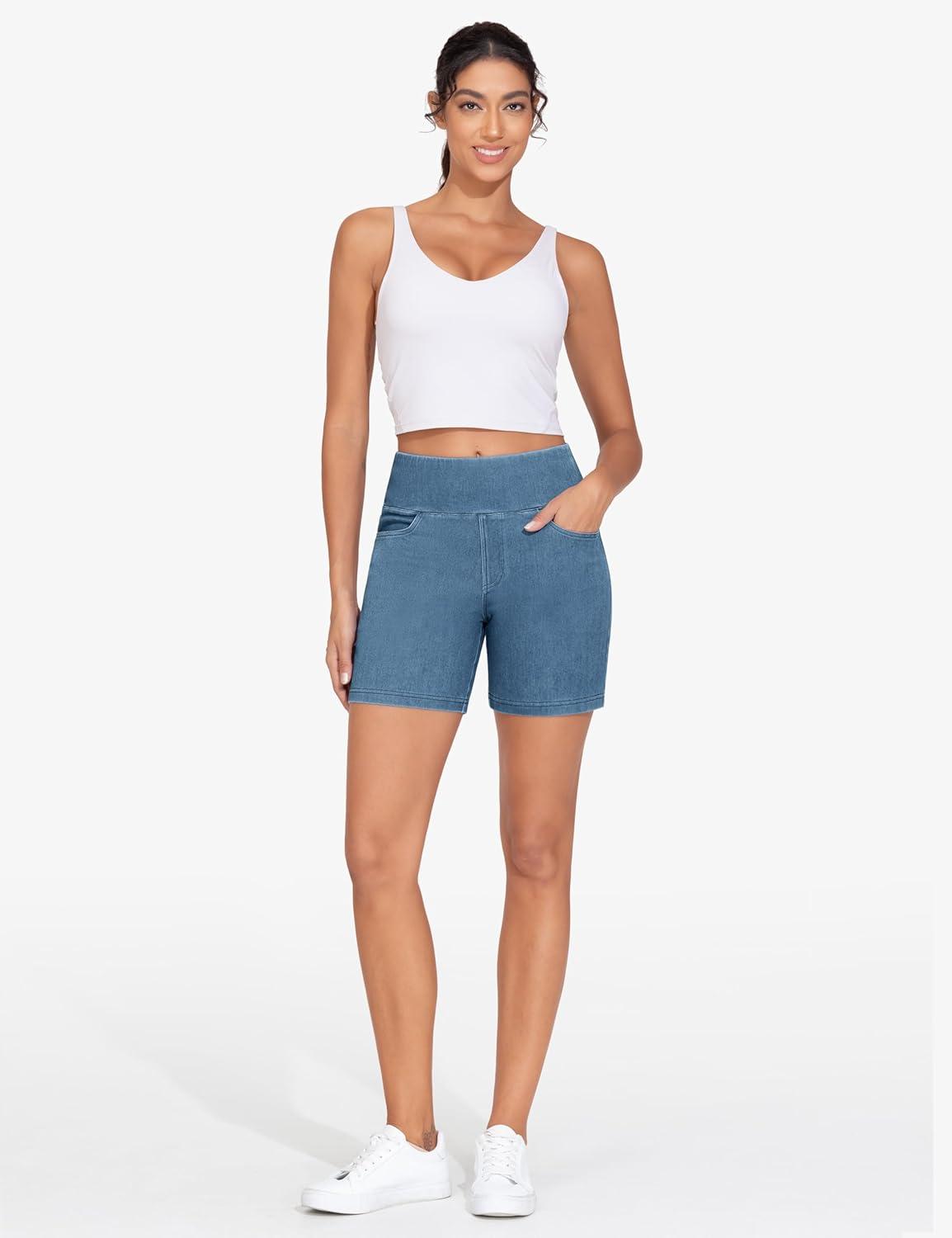 imageTHE GYM PEOPLE Womens High Waisted Stretchy Jean Shorts Summer Skinny Denim Shorts with PocketsDenim Blue